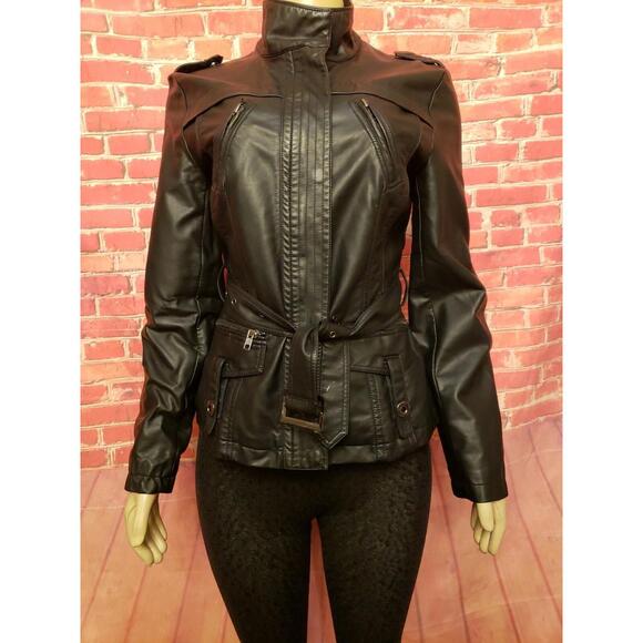 Lapis Jackets & Blazers - Lapis Size L Black Moto Women’s Jacket Zippered & Belted Vegan leather #C